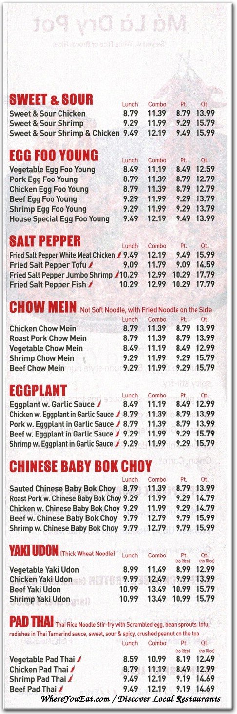 Sweet and sour and Pad Thai menu scan